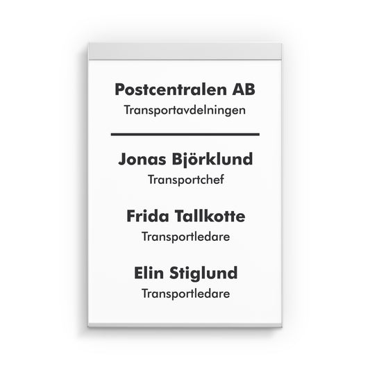 Kontorsskylt av vitlackerad aluminium designad för att hålla A5-papper i stående utförande