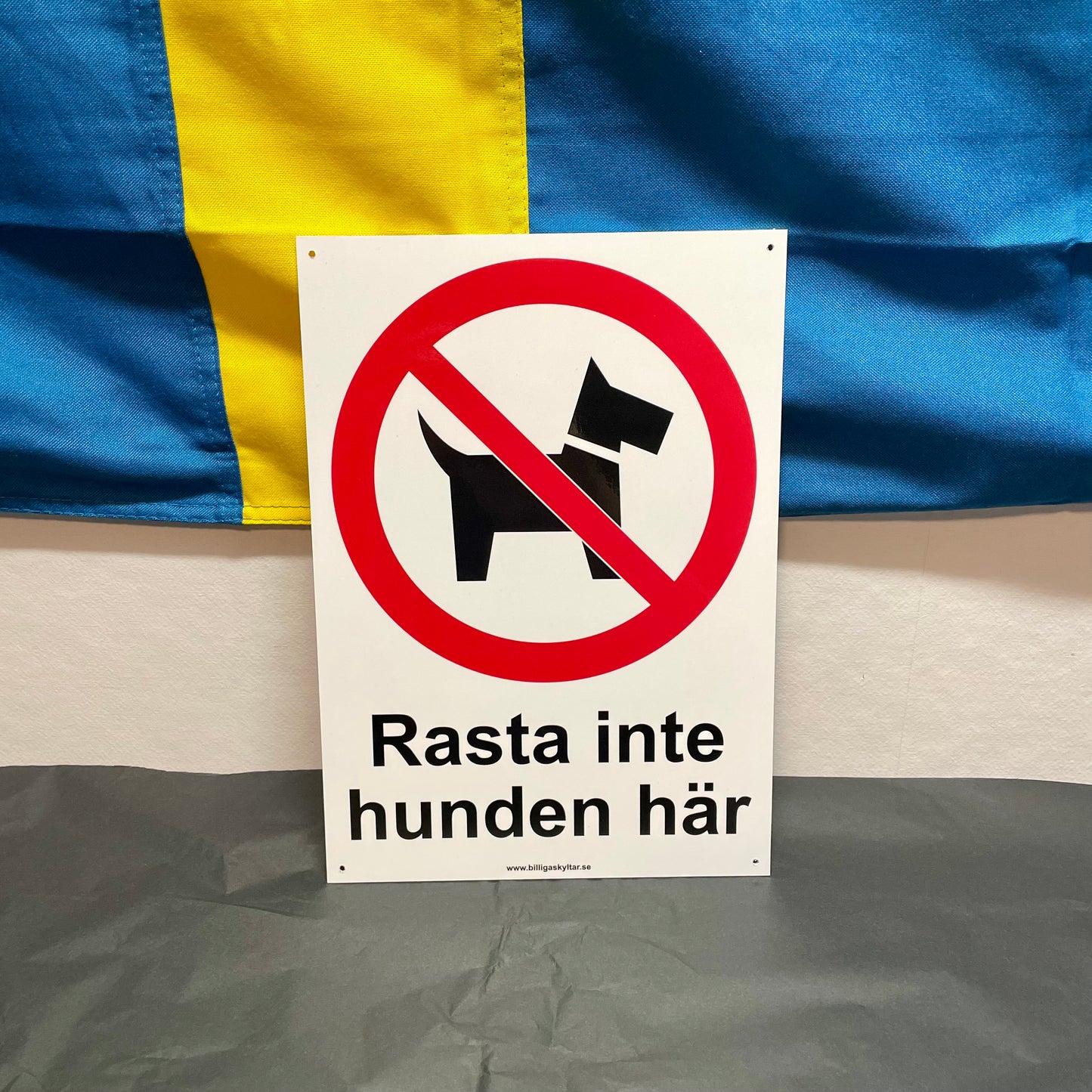 Rasta inte hunden här skylt