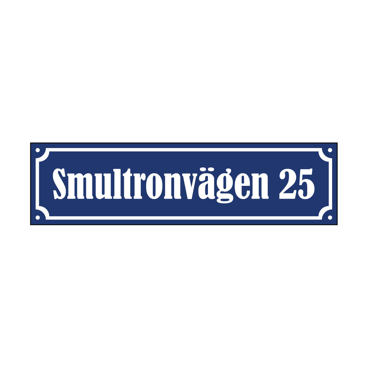 Blå och vit husskylt med måttet 300x80mm i gammaldags stil