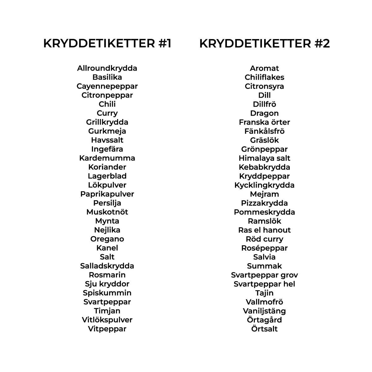 Kryddetiketter för kryddburkar - 30st - Innehållsförteckning