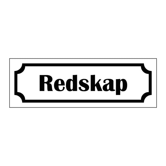 Märkskylt "Redskap" i vit färg